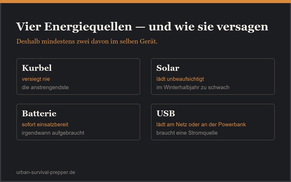 Vier Energiequellen und wie sie versagen: die Kurbel versiegt nie, ist aber anstrengend; Solar lädt unbeaufsichtigt, liefert im Winter wenig; Batterien sind sofort einsatzbereit, aber endlich; USB braucht eine Stromquelle