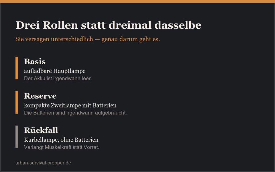 Basis, Reserve und Rückfall im Vergleich: die aufladbare Hauptlampe geht mit leerem Akku aus, die batteriebetriebene Reserve mit aufgebrauchten Batterien, die Kurbellampe verlangt Muskelkraft