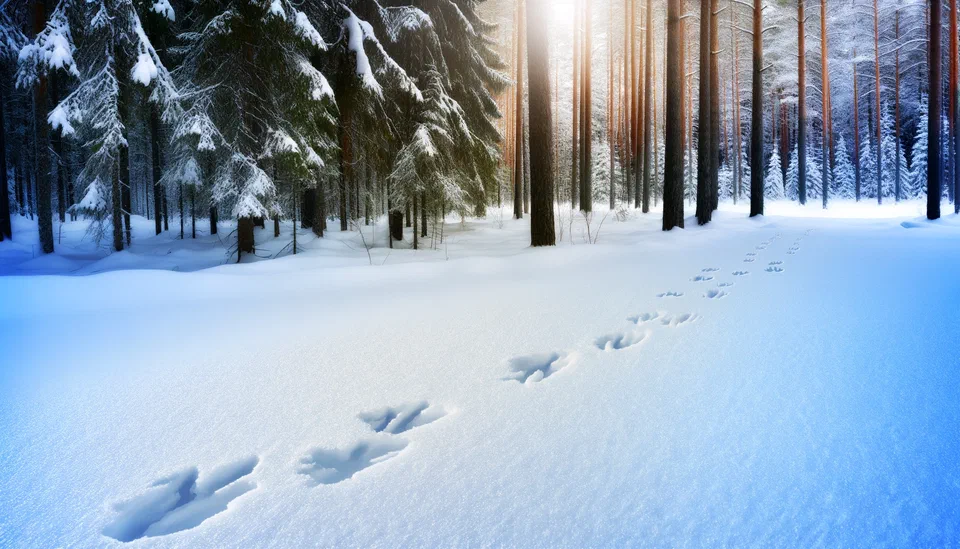 Tierspuren im Schnee – Sonnenuntergang im Wald