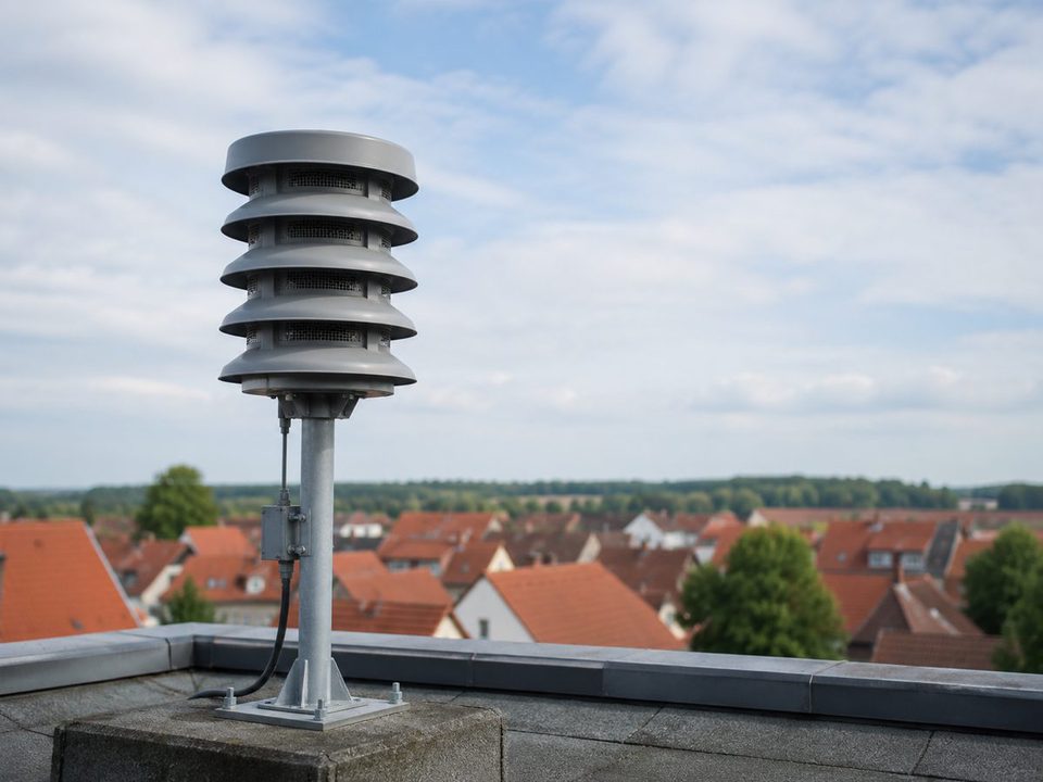 Runde graue Hochleistungssirene auf einem Flachdach über den Ziegeldächern einer Kleinstadt