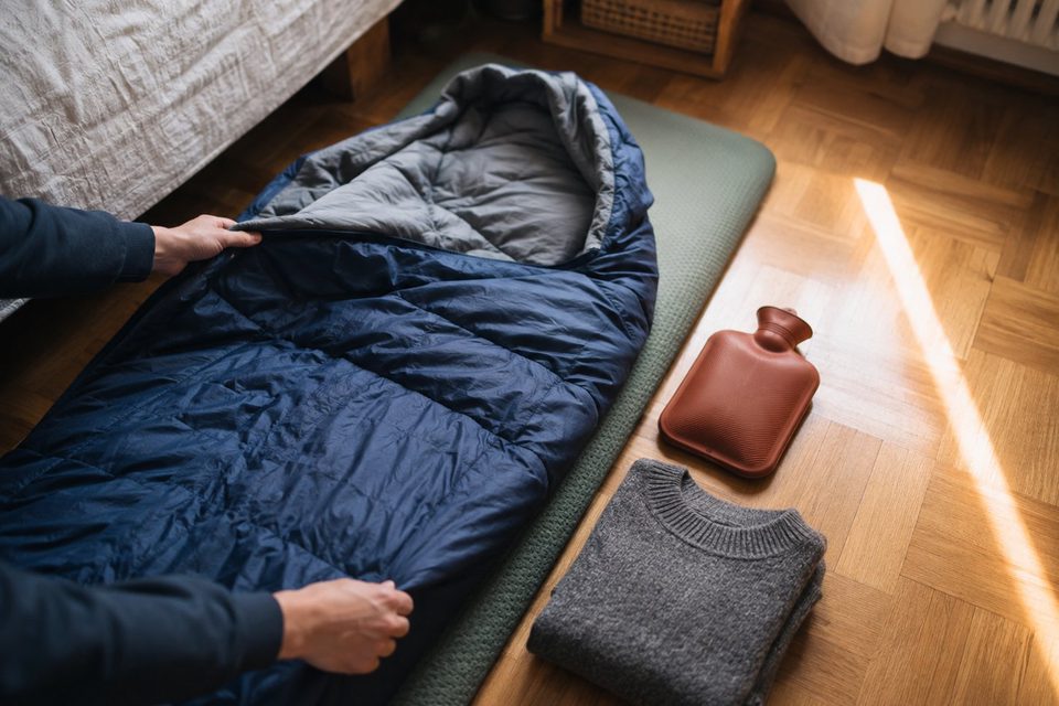 Schlafsack auf einer Isomatte neben dem Bett, daneben eine Wärmflasche und zwei zusammengelegte Wolldecken